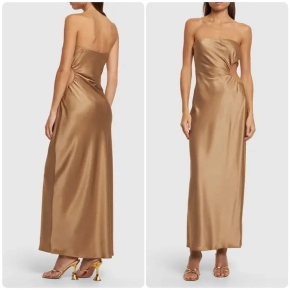 NEW Reformation Nevaeh Satin Midi Dress Sz XL Chanterelle Brown Cutout - Picture 3 of 9